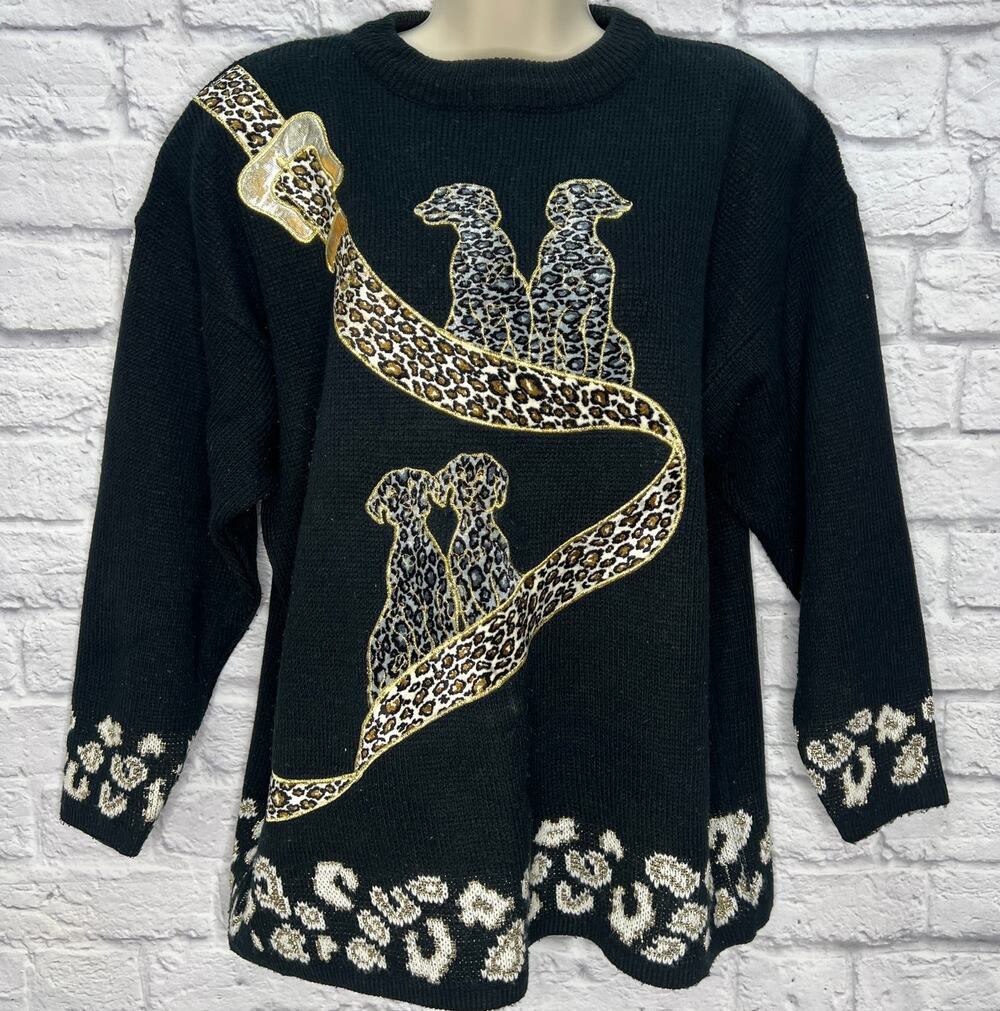 Vintage Maurada Womens Sweater Long Sleeve Size L Black Dogs Leopard Cheetah